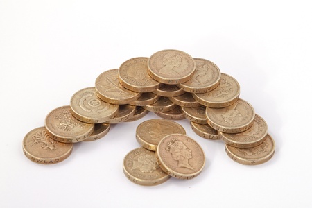 British, UK, pound coins on a plain white background.