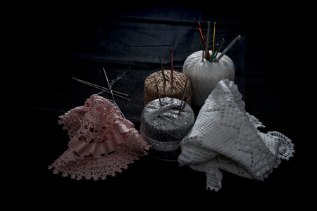 Crochet, Italian manufacture. made in Italy. Balls of yarn and crochet for the work of the school of...