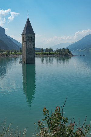 August 2015, Lake Resie, Italy, Trentino Alto Adige. View of the floodlit Campanile.の写真素材