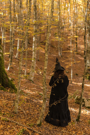 Witch dressed in black in an autumn forest. Red, yellow, earthy and musk. Hallowen celebrates with ancient and modern rites. Magieの写真素材