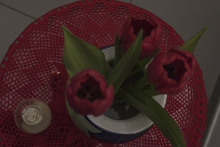 Red tulips in blue vase, with yellow daisy, Vietri Sul Mare ceramic on red crochet doily and hourglass with sand.の写真素材