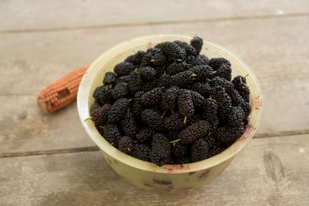 Bowl of blacks mulberry and corn kernels to pop corn on the rough wooden table.の写真素材