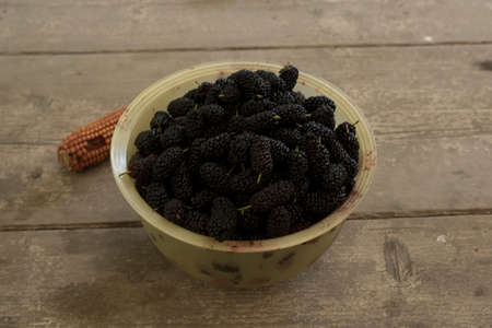 blacks mulberry and corn kernels to pop corn on the rough wooden table.の写真素材