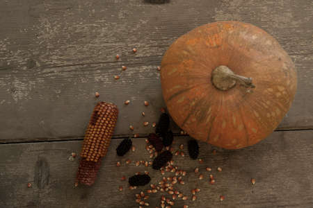 blacks mulberry and corn kernels to pop corn on the rough wooden table.の写真素材