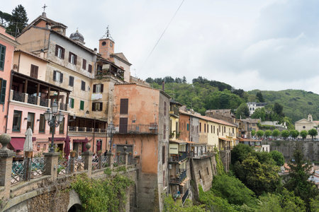 View of the Belvedere of Nemi from the town of the Alban Hills, Lazio, Italy. View from the historic center.の写真素材