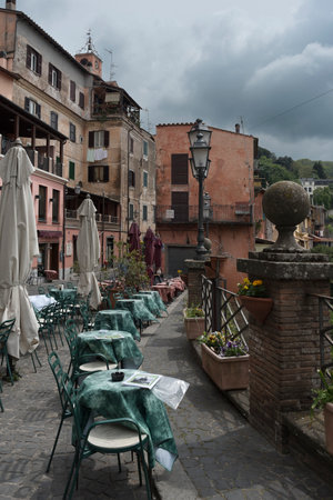 View of Lake Nemi from the town of the Alban Hills, Lazio, Italy. View from the historic center.の写真素材