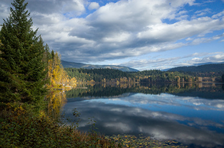 Scenic landscape of a tranquil mountain lake surrounded by pine or fir forests reflecting the cloudy sky on the surface of the calm waterの写真素材