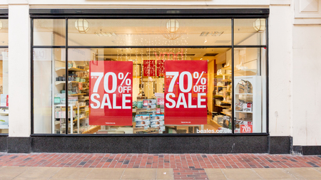 Worthing, Sussex, UK; 26 December 2017; Beales Department Store With Two Large Sale Signsのeditorial素材