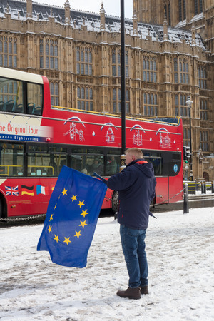 London, UK; 28th February 2018; Anti-Brexit Protester With flag of Europe Outside Houses of Parliamentのeditorial素材