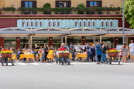 Sorrento, Italy; 16th May 2018; Tourists Eating Outside at a Restaurant in the Centre of the Town in Bright Weatherのeditorial素材