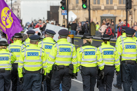 Westminster, London, UK; 29th January 2019; Group of Metropolitan Police Officers Policing a Pro-Brexit Demonstration Outside Parliamentのeditorial素材