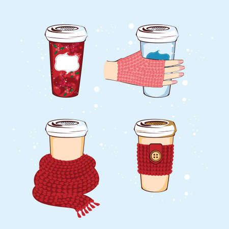 Cute winter coffe cup set for your designのイラスト素材