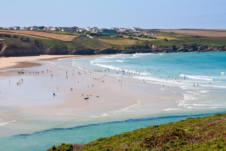 Overlooking Crantock Beach near Newquay Cornwall England UKの写真素材