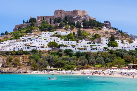 Lindos with the castle above on the Greek Island of Rhodesのeditorial素材