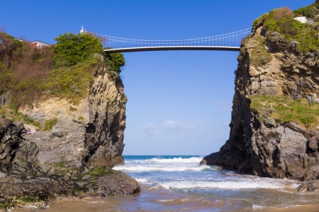 Bridge across to The Island on Towan Beach Newquay Cornwall England UKの写真素材