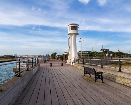 Littlehampton Lighthouse from the pier, West Sussex England UKの写真素材