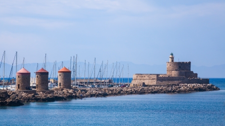 Mandraki Harbour windmills on the Island of Rhodes Greeceのeditorial素材