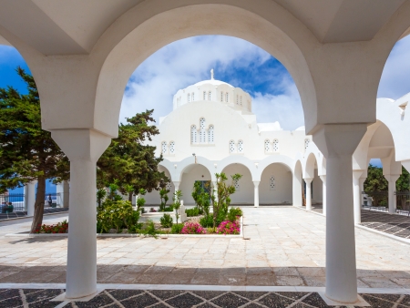 The garden at Fira Orthodox Cathedral, Santorini Greeceの写真素材