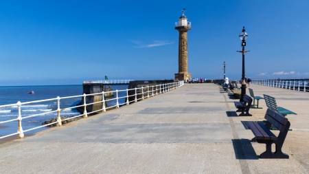 The west pier at Whitby Yorkshire England UK Europeの写真素材