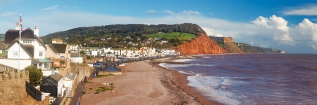 Panoramic shot overlooking Sidmouth Beach Devon England England UK Europeの写真素材