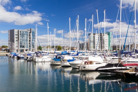 Boats in Sutton Harbour Plymouth Devon England UK Europeの写真素材