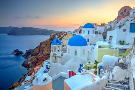 Sunset view of blue dome churches on Santorini Island  Greece Europeのeditorial素材