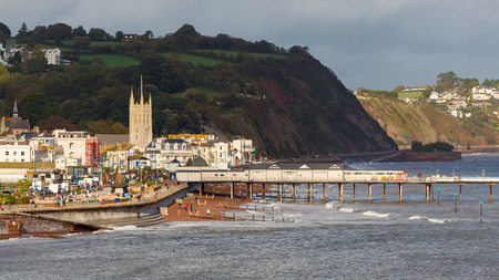 Overlooking Teignmouth seafront and pier photographed from Shaldon Devon England UK Europe