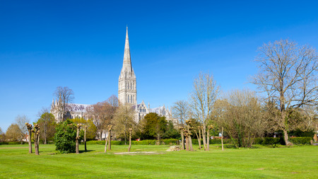 Early English Gothic style Salisbury Cathedral with the talest spire in the country. Wiltshire England UK Europeの写真素材