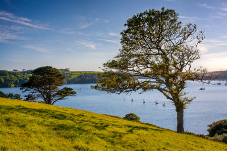 Beautiful evening view up the River Helford rom Toll Point near Mawnan Cornwall England UK Europeの写真素材