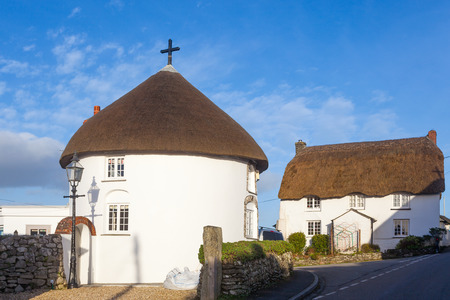 Historic thatched round houses at Veryan on the Roseland Peninsula Cornwall England UK Europeのeditorial素材