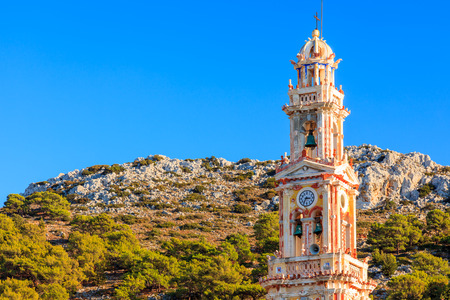 Monastery clock tower at Panormitis on the Island of Symi in the Dodecanese Greece Europeの写真素材