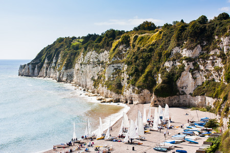 Overlooking the beach and cliffs at Beer in Lyme Bay Devon England UK Europeの写真素材