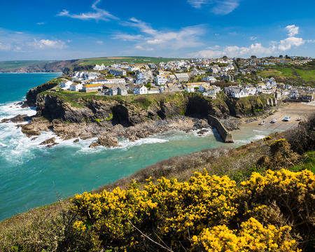 Overlooking the harbour at the pretty fishing village of Port Isaac on the North Cornwall coast, England UK Europeの写真素材