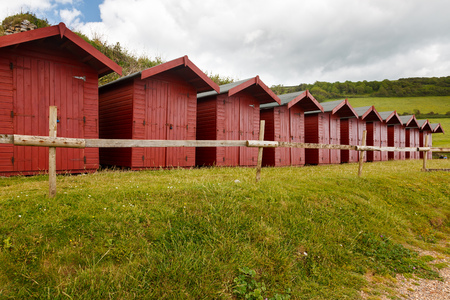 Beach huts at Branscombe on the Devon Coast England UK Europeの写真素材