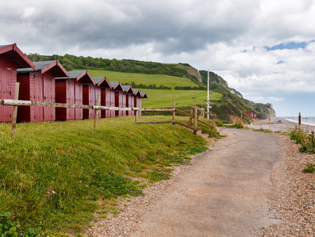 Beach huts at Branscombe on the Devon Coast England UK Europeの写真素材