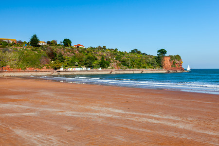 Goodrington Sands Beach and red cliffs near Paignton Torbay Devon England UK Europeの写真素材