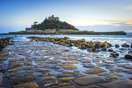 Dusk on the causeway leading to St Michaels Mount off the coast of Marazion Cornwall England UKの写真素材