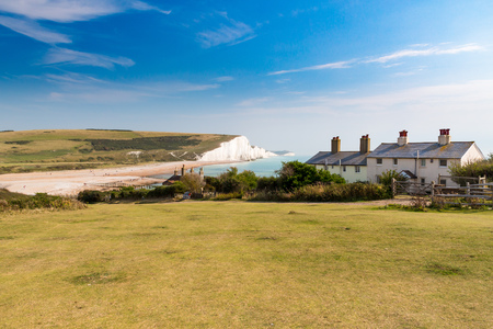 The Seven Sisters Chalk cliffs and the coastguard cottages, from Seaford Head South Downs East Sussex England UKの写真素材