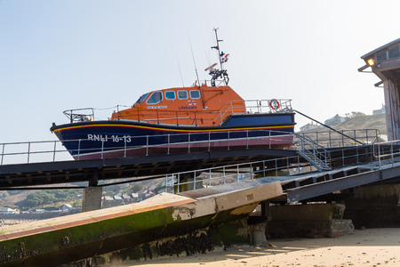 SENNEN COVE, CORNWALL, UK, 18th March 2015: The Tamar Class R.N.L.B. Victor Freeman  RNLI relief...