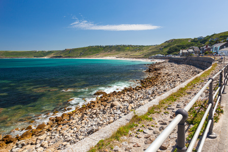 Stunning summers day on the seafront at Sennen Cove near Lands End Cornwall England UK Europeの写真素材