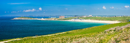 Panoramic view towards Fistral beach from East Pentire Newquay Cornwall England UK