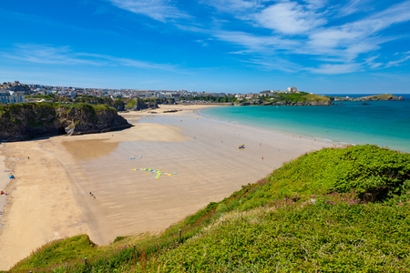 Stunning blue sky overlooking the golden sandy beach at Tolcarne  Newquay Cornwall England UK Europeの写真素材