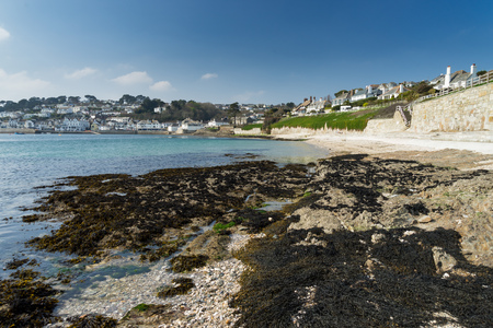 Sunny day at St Mawes beach on the Roseland Peninsula Cornwall England UK Europeの写真素材