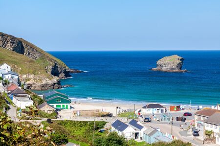 Overlooking the beach and village of Portreath from Tregea Hill. Cornwall England UK Europeの写真素材