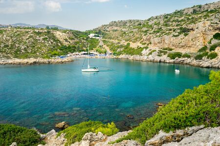 Overlooking Ladiko Bay near Faliraki Rhodes Greece a popular Greek tourist destinationの写真素材