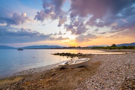 Sunset on Haraki Beach Charaki on the Greek Island of Rhodes in the Dodecanese Greece Europeの写真素材