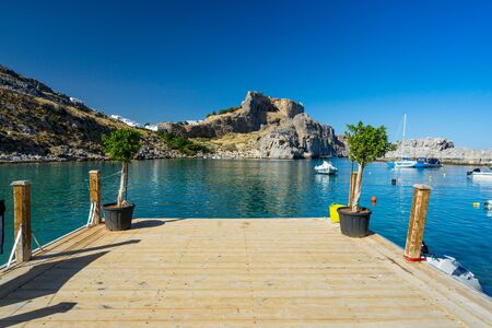Stunning sunny day at St Pauls Bay Lindos Rhodes Island Greece Europeの写真素材