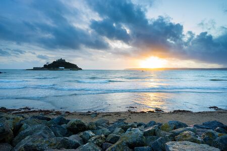 Winters sunset at Marazion with St Michaels Mount in the distance Cornwall England UK