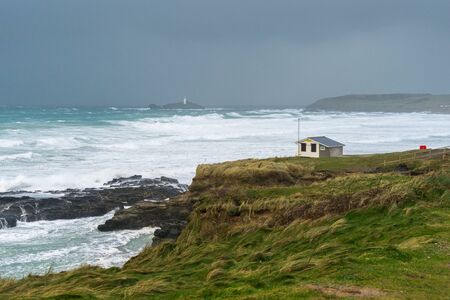 Winters storm at Gwithain with Godrevy in the distance Cornwall England UK Europe