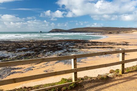 Overlooking the beautiful golden sandy beach at Constantine Bay Cornwall England UK